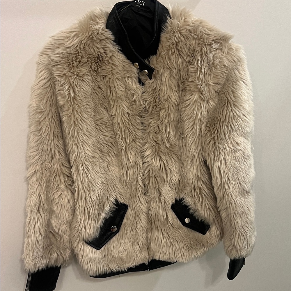 VICI Faux Fur Beige Jacket with Black Accents